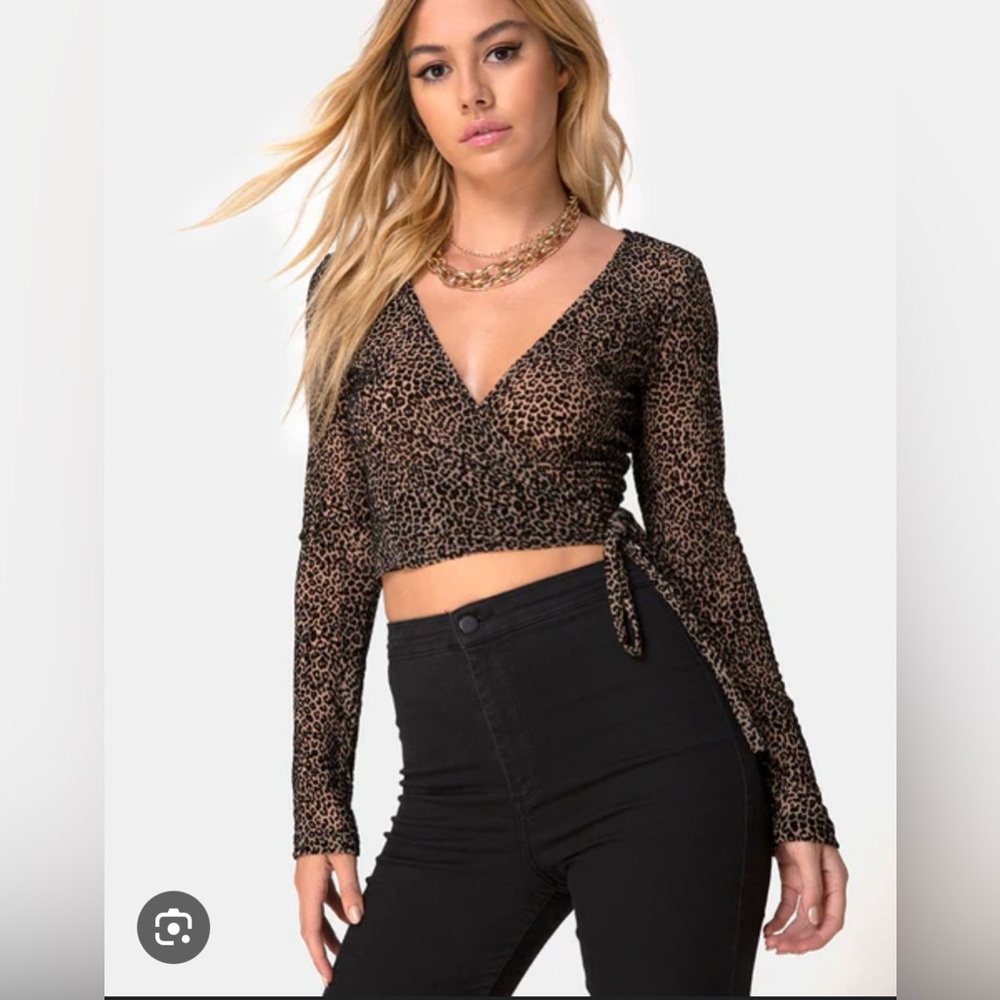 Size S. Motel Rocks Kayak Wrap Top in Leopard Flock Mesh.